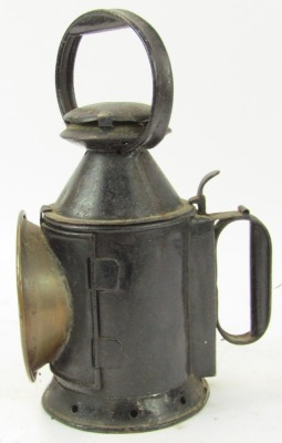 A black painted railway lantern, bearing brass plaque for JT Davies, 29cm high. - 3