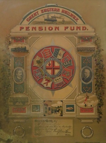 A Great Eastern Railway Pension Fund certificate, named to Mr William Miles, dated 1st November 1908, 55cm x 43cm.