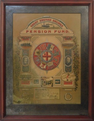 A Great Eastern Railway Pension Fund certificate, named to Mr William Miles, dated 1st November 1908, 55cm x 43cm. - 2