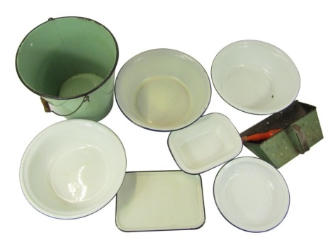 A group of enamel kitchenalia, to include a green enamel bucket, and white enamel bowls with a dark blue border, the largest 36cm diameter, etc.