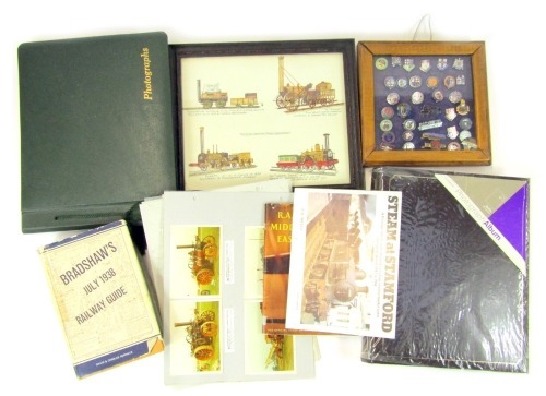 A group of ephemera relating to locomotives, to include a photograph album containing pictures of The Flying Scotsman at Stamford dated 1969, various railway stations in the 1960s to include Leicester, Traction Engine Rally Lincoln 1967, enamel pin badges