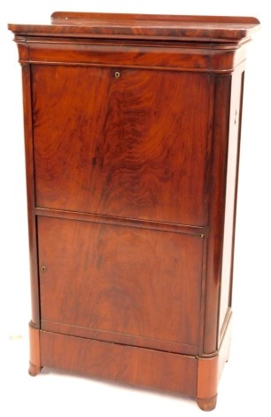 A 19thC Biedermier style flame figured mahogany secretaire a abbatant, with rounded top and corners, with plain mouldings, and incorporating a frieze drawer, with plain writing fall below enclosing pigeon holes and three shallow drawers, and fitted with a