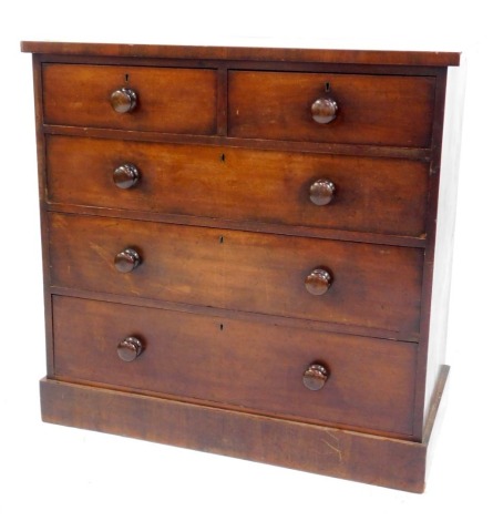 A Victorian mahogany chest, of two short over three long graduated drawers, on a plinth base, 104cm high, 107cm wide, 54cm deep.