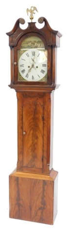 AA 19thC mahogany cased long case clock, with circular Roman numeric dial, subsidiary seconds dial and date aperture, eight day two train movement, the dial decorated with two hunting dogs beside pheasant and floral spandrels, the hood with swan neck pedi