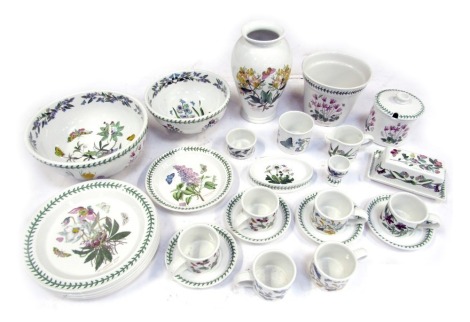 A group of Portmeirion Botanic Garden wares, comprising two fruit bowls, 24cm and 28cm diameter respectively, vase, plant pot, butter dish and cover, jar and cover, six coffee cups, four saucers, two preserve pots, milk jug, five dinner plates and a side 