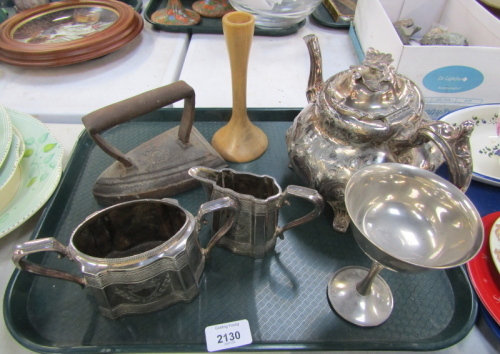 A 19thC Shaw & Fisher of Sheffield silver plated teapot, with elaborate scroll decoration, later milk jug and sugar bowl, cast iron door last, stainless steel tankard, etc. (1 tray)