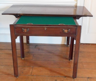 A George III mahogany architect's table, the rectangular top with drop leaves, with pull out front section of a false drawer with baize lined sliding interior revealing recesses on brass castors, 84cm high, 93cm wide, each drop leaf section 24cm, 66.5cm d - 2