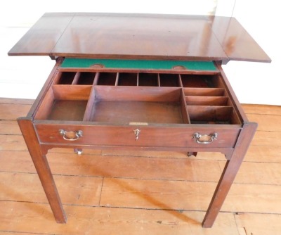 A George III mahogany architect's table, the rectangular top with drop leaves, with pull out front section of a false drawer with baize lined sliding interior revealing recesses on brass castors, 84cm high, 93cm wide, each drop leaf section 24cm, 66.5cm d - 4