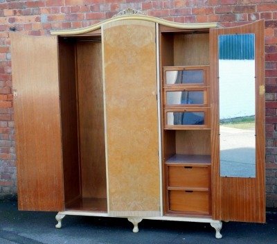 A Queen Anne style burr walnut triple wardrobe, with hanging rail, and fitted with an arrangement of drawers. - 2