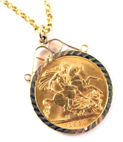 An Elizabeth II full gold sovereign pendant dated 1958, in a 9ct gold pendant mount, on 9ct gold fine link neck chain, 52cm long, 13.1g all in.