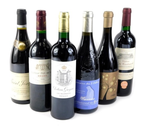 Six mixed bottles of red wine, to include Tesco's St Joseph 2006, Domaine des 3 Cellier Marceau Chateauneuf-du-Pape 2009, Altos R Pigeage 2016 Rioja, etc.