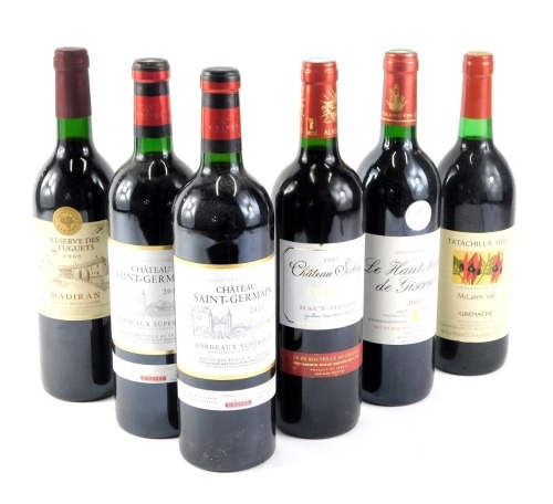 Six mixed bottles of red wines, to include Calvet Reserve Des Tuguets 2008 Madiran, etc.