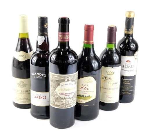 Six bottles of mixed red wine, etc., to include Blandy's Madeira, Stellenbosch 2016 Cabernet Sauvignon Merlot, etc.