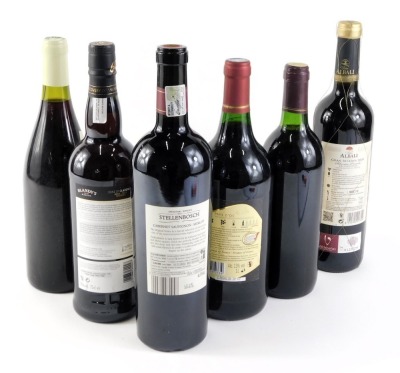 Six bottles of mixed red wine, etc., to include Blandy's Madeira, Stellenbosch 2016 Cabernet Sauvignon Merlot, etc. - 2