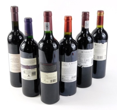 Six mixed bottles of red wine, to include Roodeberg 2007 South Africa, Calvet, etc. - 2