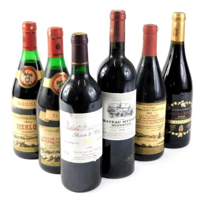 Six mixed bottles of red wine, to include three bottles of Marmorot Gran Reserve 2008 Rioja, Martinez Bujanda Gran Reserva 2008, etc.