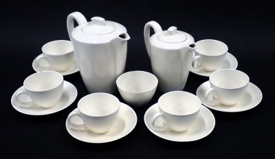 A Poole pottery white finish tea and coffee set, comprising teapot, coffee pot, seven cups and six saucers.