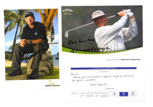 Two autographed photographs of Bernard Gallacher and Retief Goosen.