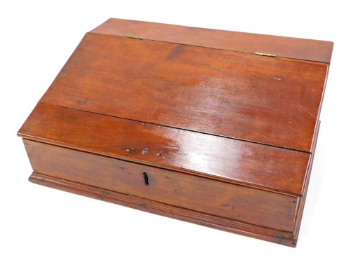 A 19thC fruitwood tabletop writing slope, the hinged lid enclosing interior with two drawers, on a moulded base, 47cm wide.