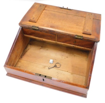 A 19thC fruitwood tabletop writing slope, the hinged lid enclosing interior with two drawers, on a moulded base, 47cm wide. - 2