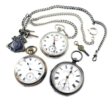 Three pocket watches, comprising a Greenwich Watch Company 19thC silver cased pocket watch, a Waltham gold plated cased pocket watch, a Molhha Train pocket watch, one silver watch chain, and a belted chain. (3)