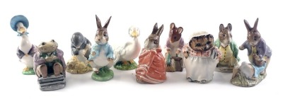 Ten Beswick Beatrix Potter figures, to include Diggory Diggory Delvet, Mr Jackson, Jemima Puddle-Duck, Peter Rabbit, Poorly Peter Rabbit, Rebecca Puddle-Duck, Hunca Munca Sweeping, Mrs Tiggy-Winkle, Mr Benjamin Bunny and Peter Rabbit, and Samuel Whiskers.