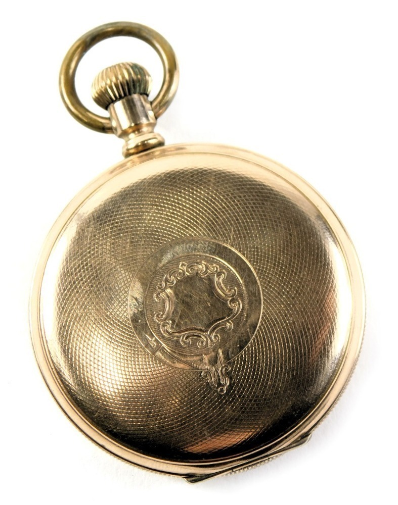 A gold plated Star Dennison pocket watch with a white enamel Roman numeric dial and blue