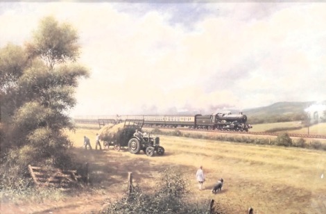 After Don Breckon. steam train beside harvesting scene, coloured print, 50cm x 76cm.