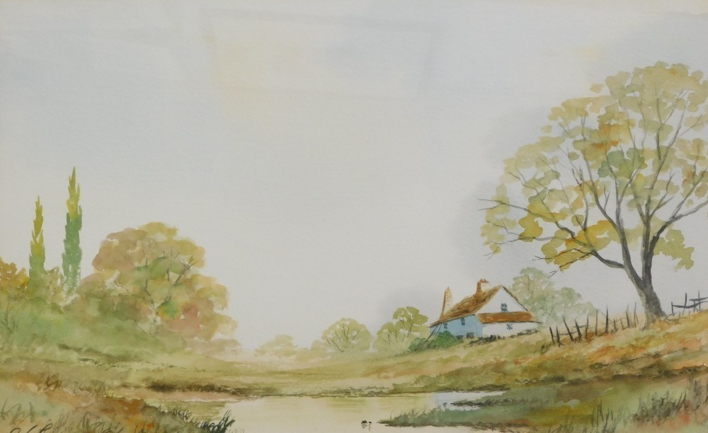 Digby Page (b1945). Landscape with cottage and pond, watercolour