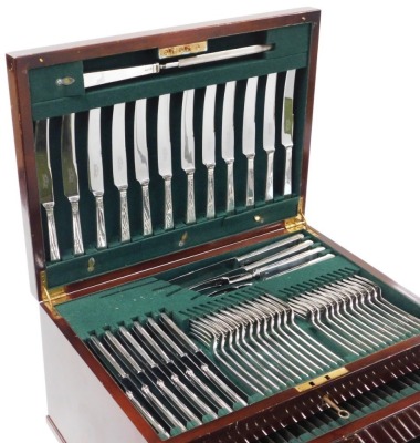 An Elizabeth II silver canteen of cutlery, twelve place settings, one hundred and thirty six pieces, in a three section two drawer mahogany cabinet, with key, Cooper Brothers and Sons, Sheffield 1978, silver pieces 150.38oz, remaining pieces 54.65oz. - 2