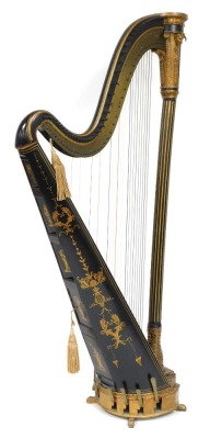 A Regency harp, by J Erat and Sons, makers, Wardour Street London, number 1185, the frame moulded with rams heads caryatids and acanthus leaves, on a fluted column, the base cast with lions, inset with eight pedals, the sound box set to the base with an u