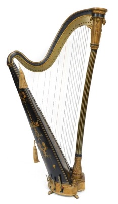 A Regency harp, by J Erat and Sons, makers, Wardour Street London, number 1185, the frame moulded with rams heads caryatids and acanthus leaves, on a fluted column, the base cast with lions, inset with eight pedals, the sound box set to the base with an u - 2