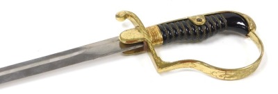 A Third Reich Wehrmacht officer's sword, with a gilt metal hilt, and languet with German eagle, celluloid grip with wire binding, and dove's head pommel, the curved fullered steal blade stamped Alcoso, Germany, in a black scabbard, with single suspension - 3