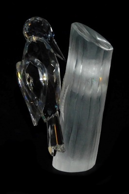 A pair of Swarovski crystal woodpeckers, modelled on ,and emerging from, a tree stump, 10cm high. - 3