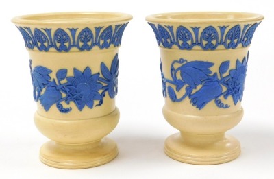 A pair of early 19thC Wedgwood cane ware vases, sprigged in blue with a band of convolvulus, beneath a band of acanthus leaves, impressed marks, 11cm high, together with a cream ware syllabub pot and cover, of twin handled form, the lid with an acorn fini - 2