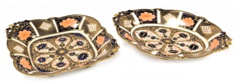 Two items of Royal Crown Derby Imari porcelain, pattern no. 1128, comprising an oval twin handled dessert dish, and a rhomboid twin handled dessert dish.