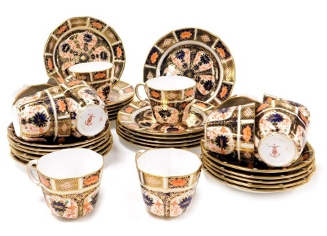 Twelve Royal Crown Derby Imari porcelain tea cups, saucers and plates, pattern no. 1128, printed and painted marks.