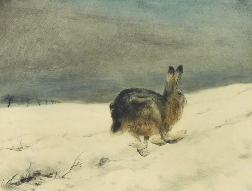 Kurt Meyer-Eberhardt (German, 1895-1977). Running hare in a winter landscape, etching, signed, 38cm x 46cm.