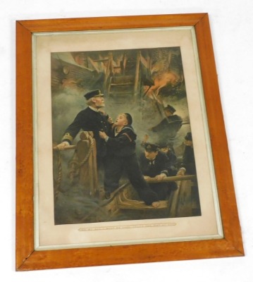 After George Lance Calkin (British, 1859-1936). Burning of the Goliath, titled "No, my boy, I must be last; that's the way at sea", 19thC lithograph, in a burr maple frame, 63cm x 47cm. - 2