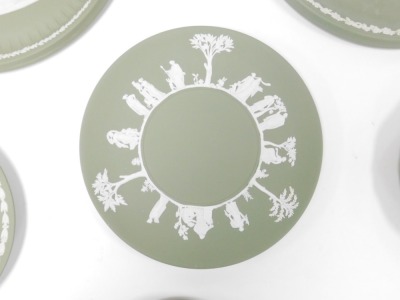 A group of Wedgwood green Jasperware, including plates, tazza, plaque, circular dish, and a framed cameo. (a quantity) - 2