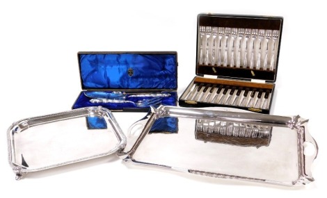 A group of plated wares, a pair of Scottish fish servers, in a case marked for Johnston and Company Glasgow, a canteen of Walker & Hall fruit knives and forks, twin handled tray and a further tray with a Celtic knot border. (4)