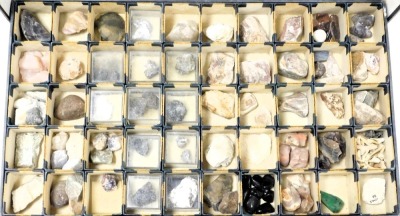 A collection of crystals, agates, shark's teeth, etc., in a fifty division box, manufactured by E J Bradstreet & Sons Limited, London. - 2