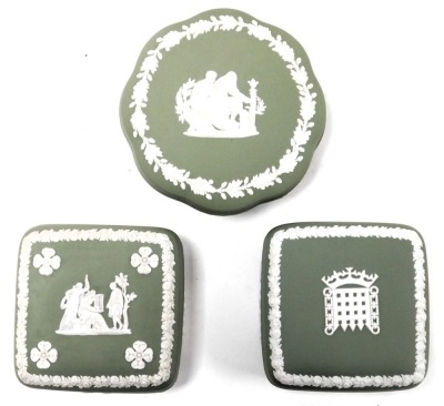 A group of Wedgwood green Jasperware, including dressing table boxes and covers, coffee pot and cover, egg cups, square box and cover bearing the crest of the Tudor Portcullis, Palace of Westminster, and a small milk jug. (a quantity) - 3