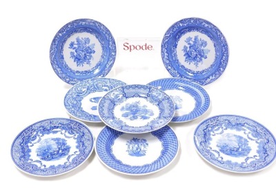 Eight Spode blue and white plates, The Blue Room Collection, comprising Continental Views (x2), Seasons, Portland vase (x2), Warwick vase and Byron groups (x2), together with a Spode perspex display sign. (9)