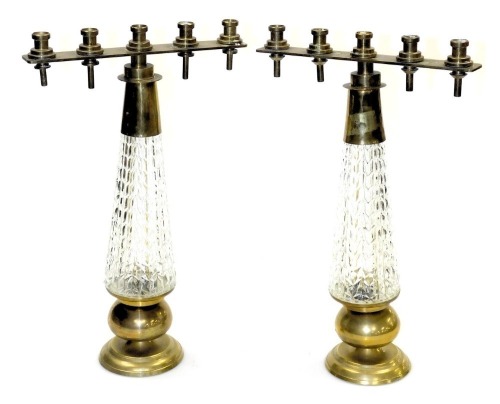 A pair of late 20thC brass and pressed glass candelabras, 39.5cm high.