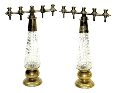 A pair of late 20thC brass and pressed glass candelabras, 39.5cm high.