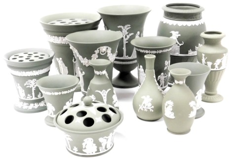 A group of Wedgwood green Jasperware, including vases of various sizes, and a pot pourri. (a quantity)