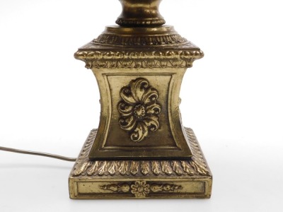 A late 20thC continental brass table lamp, of figural twin handled form, embossed with baroque motifs and foliage, on an integral plinth, 59.5cm high. - 3