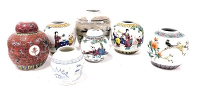 A 19thC Bojan blue and white porcelain ginger jar, five 20thC porcelain ginger jars, two with covers, variously decorated, and a late 19thC chinoiserie pottery jar, decorated in blue and white. (7)