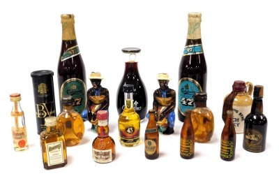 Miniature liqueurs and spirits, including John Haig Dimple Scotch Whisky, Croft Original Sherry, Harp lager together with two Drioli spirit decanters, and two bottles of Carlsberg 47. (a quantity)